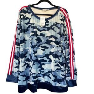 Luukse Sweatshirt Women 3X Blue Camo Stripe Trim Long Sleeve Pullover Velvet Top